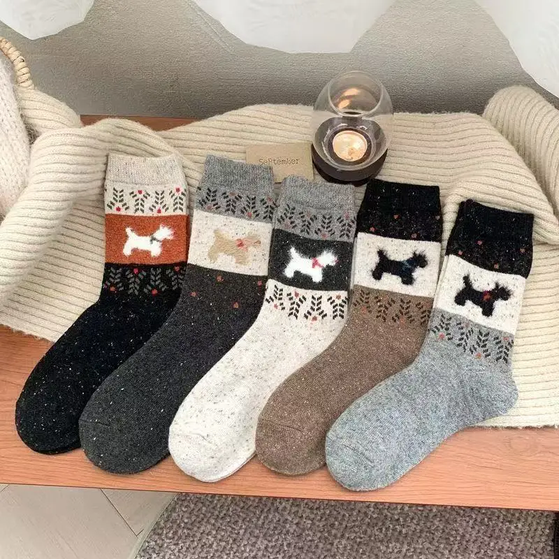 5 pares de calcetines de invierno para mujer, calcetines largos con forro polar de media pantorrilla, gruesos, cálidos, bonitos, grises, con patrón de perro de dibujos animados