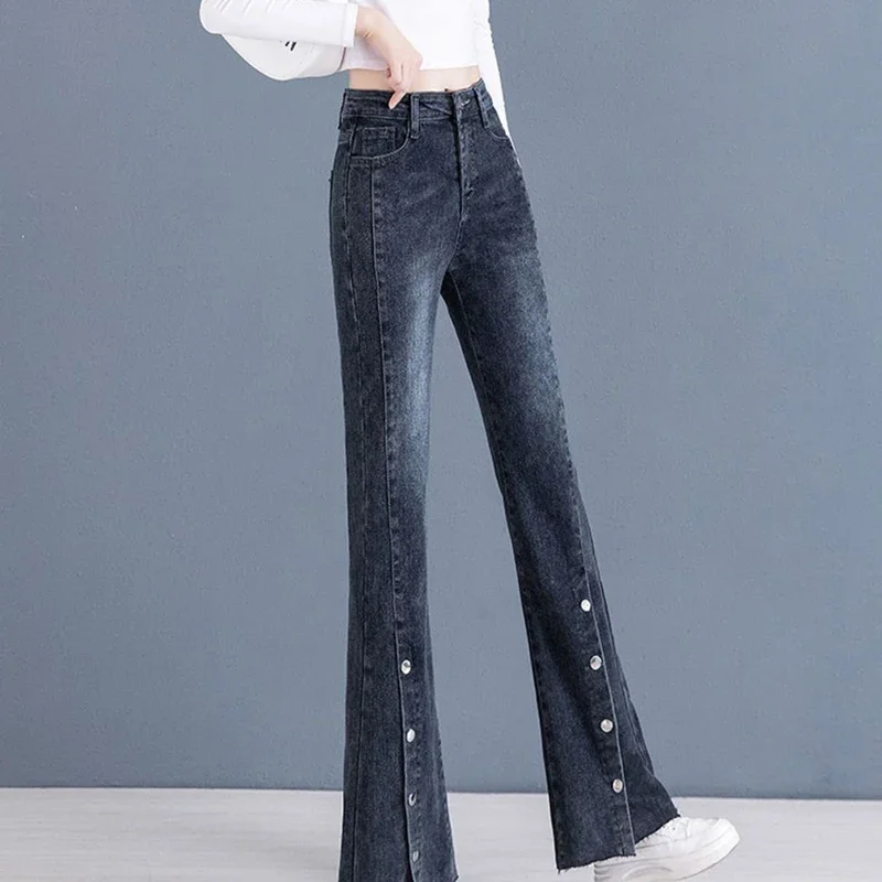 Fashion Streetwear Split Flare Jeans Women Spring Fall Korean Casual Denim Pant Vintage Skinny Stretch Bell-bottoms Kot LJ282