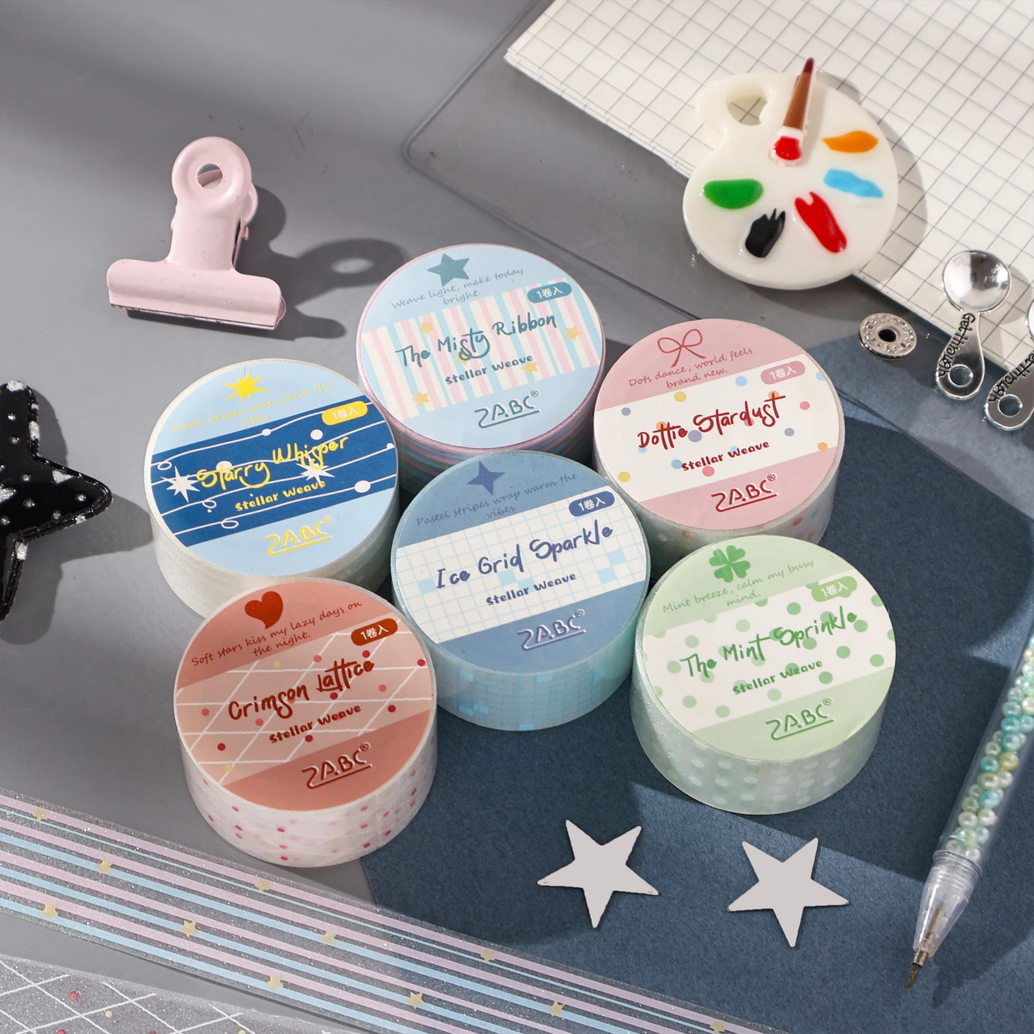 Decorative PET Washi Tape 1 Roll, Sweet Candy‑color Pattern Transparent Masking Tape for Junk Journal Scrapbook DIY Decoration