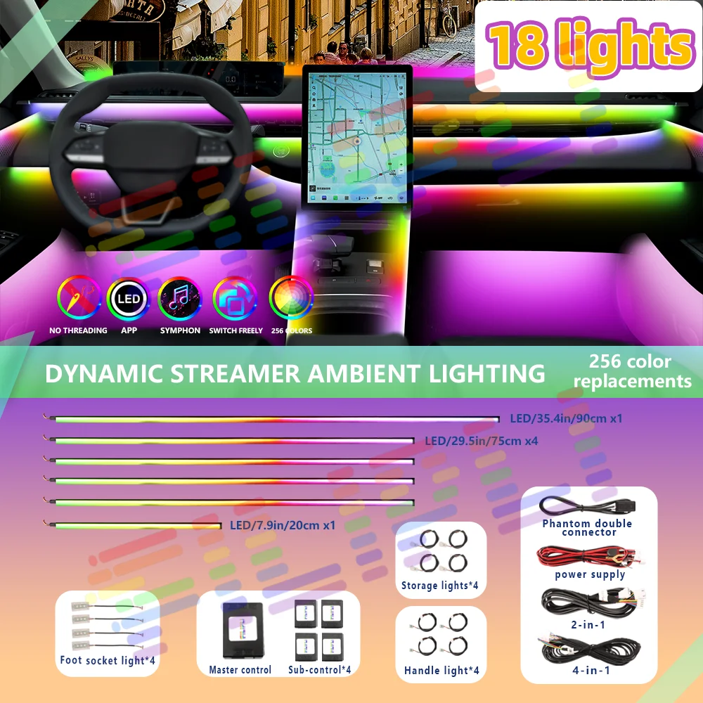 شريط أكريليك داخلي مخفي LED للسيارة ، ضوء جو بيئي مع تطبيق ، تركيب بسيط ، بيئي ، 64 لونًا