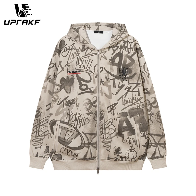 

UPRAKF Hoodie Jacket Coat Streetwear Harajuku Graffiti Full Graphic Print Punk Two Way Zip Sweatshirt Long Sleeve Autumn Unisex