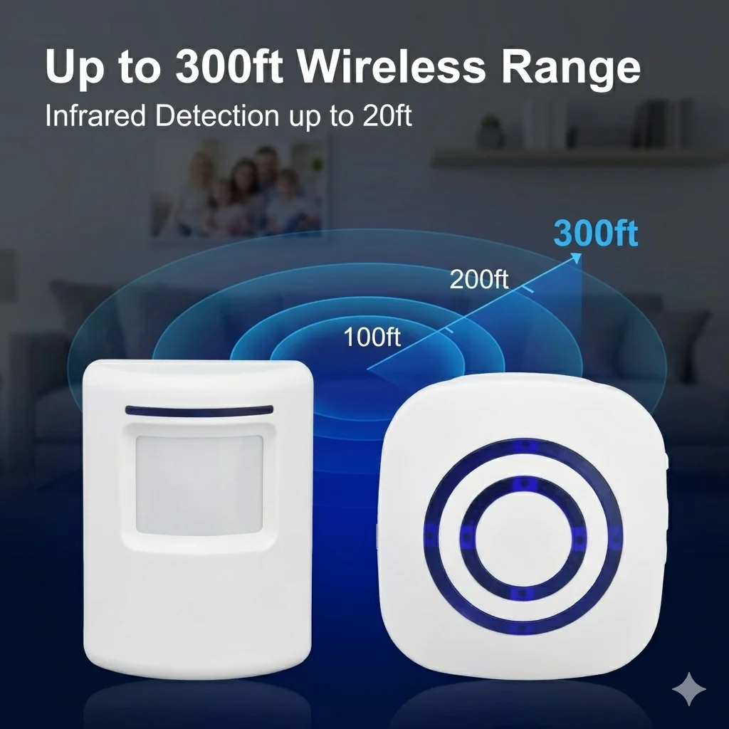 

Motion Sensor Door Chime for Business, Outdoor Doorbell Kit Wireless Driveway Alert: Infrared Motion Sensor Chime with Plug-in