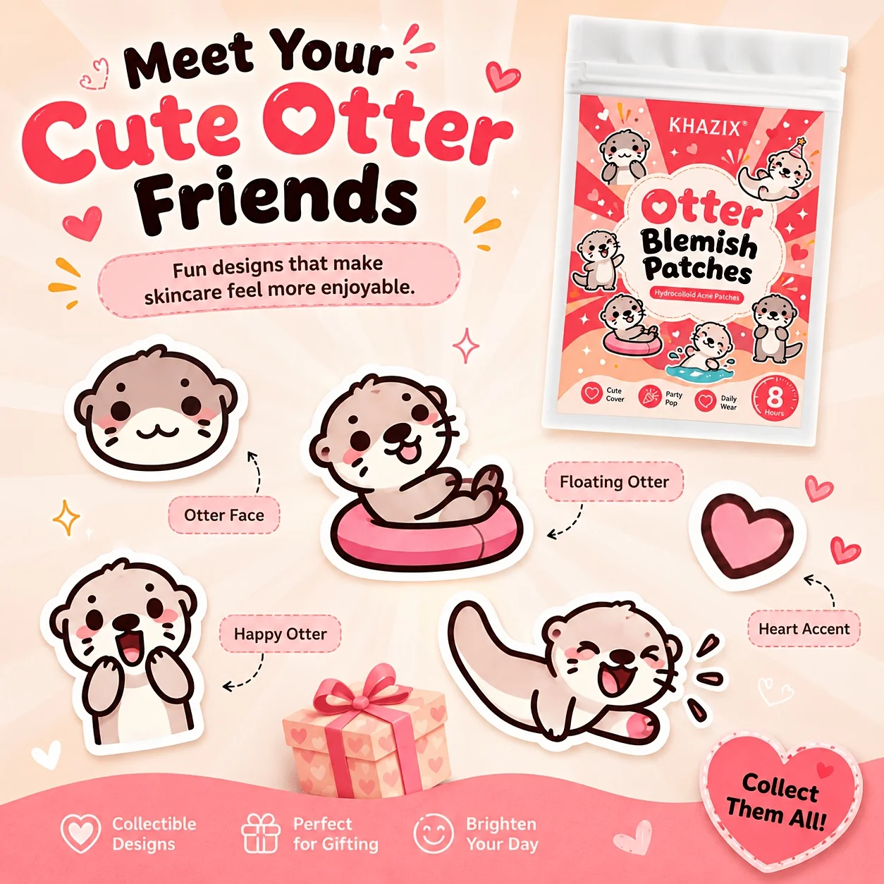 32PCS/160PCS Cute cartoon otter acne patch, invisible blemish patch, suitable for both day and night use