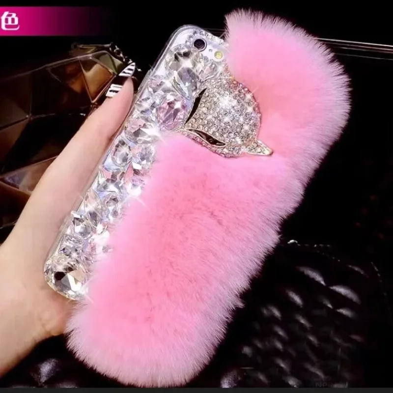 3D Crystal Handmade Diamond Case, Warm Rabbit Fur Hair, Case for Samsung Galaxy S24 S10 S20 Plus S21 FE S22 23Ultra Note20 10