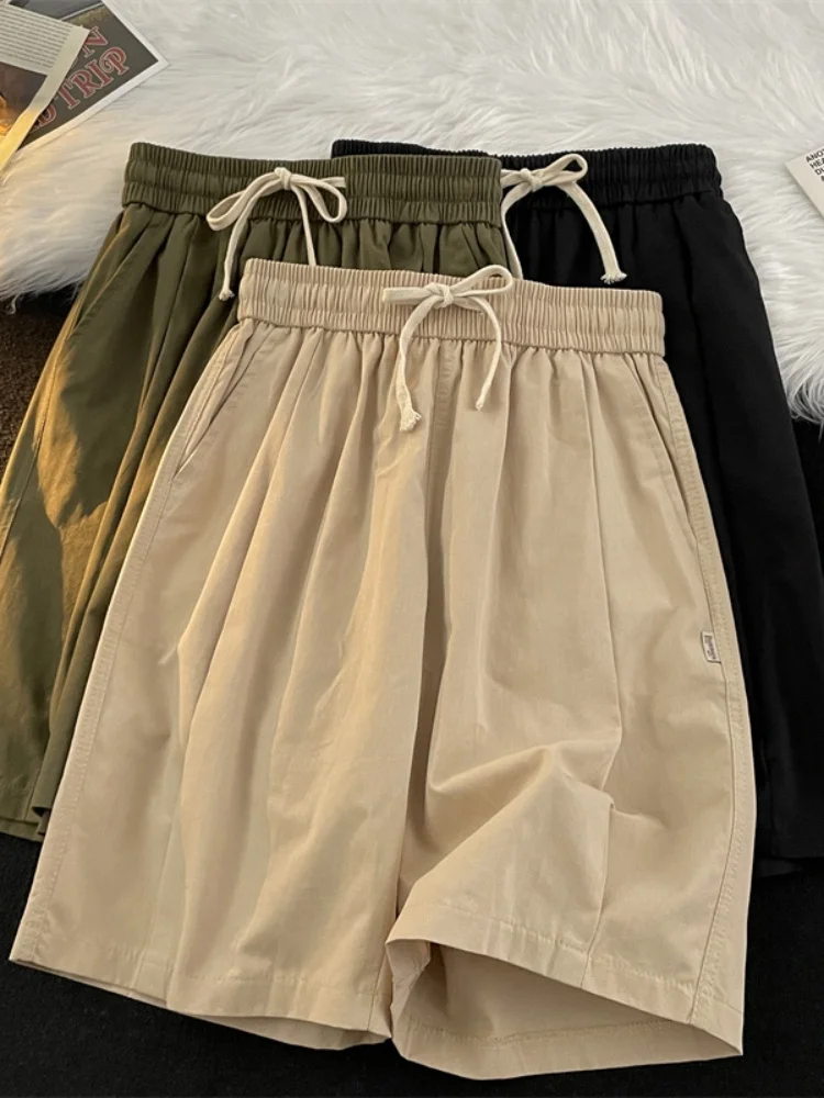 

Elastic Waist ort Pants Men's Summer Thin Loose Color Workwear Dstring Straight Leg Five-Quarter Casual Sports Wid...