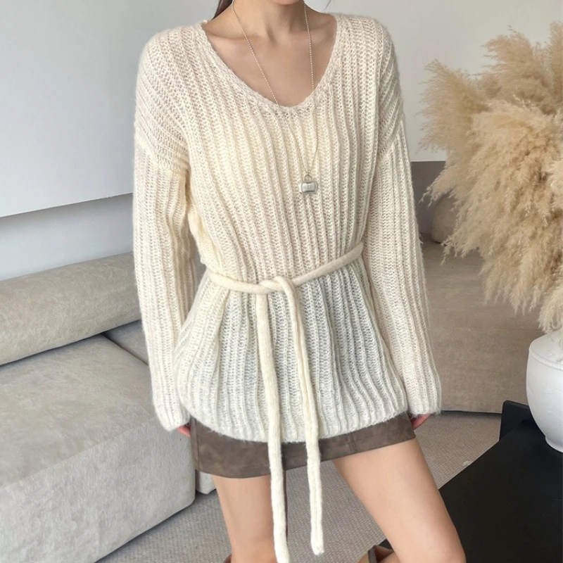 

2026 Knitted Pullovers Women Solid Jumpers Streamer Sweaters V Neck Long Sleeve Loose Office Lady Elegant Casual Autumn Winter