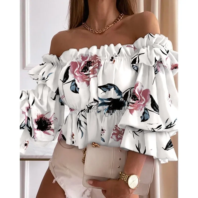 Spring Summer Women\'s Fashion Leisure Shirt Print Stacked Sleeve Middle Sleeve Shirt One Line Neck Off Shoulder Pleated Shirt