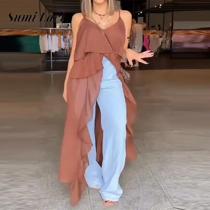 

Women Fashion Irregular Pleated Loose Pullovers Casual Sleeveless Backless Long Tops 2025 Sexy V-neck Solid Color Suspender Top