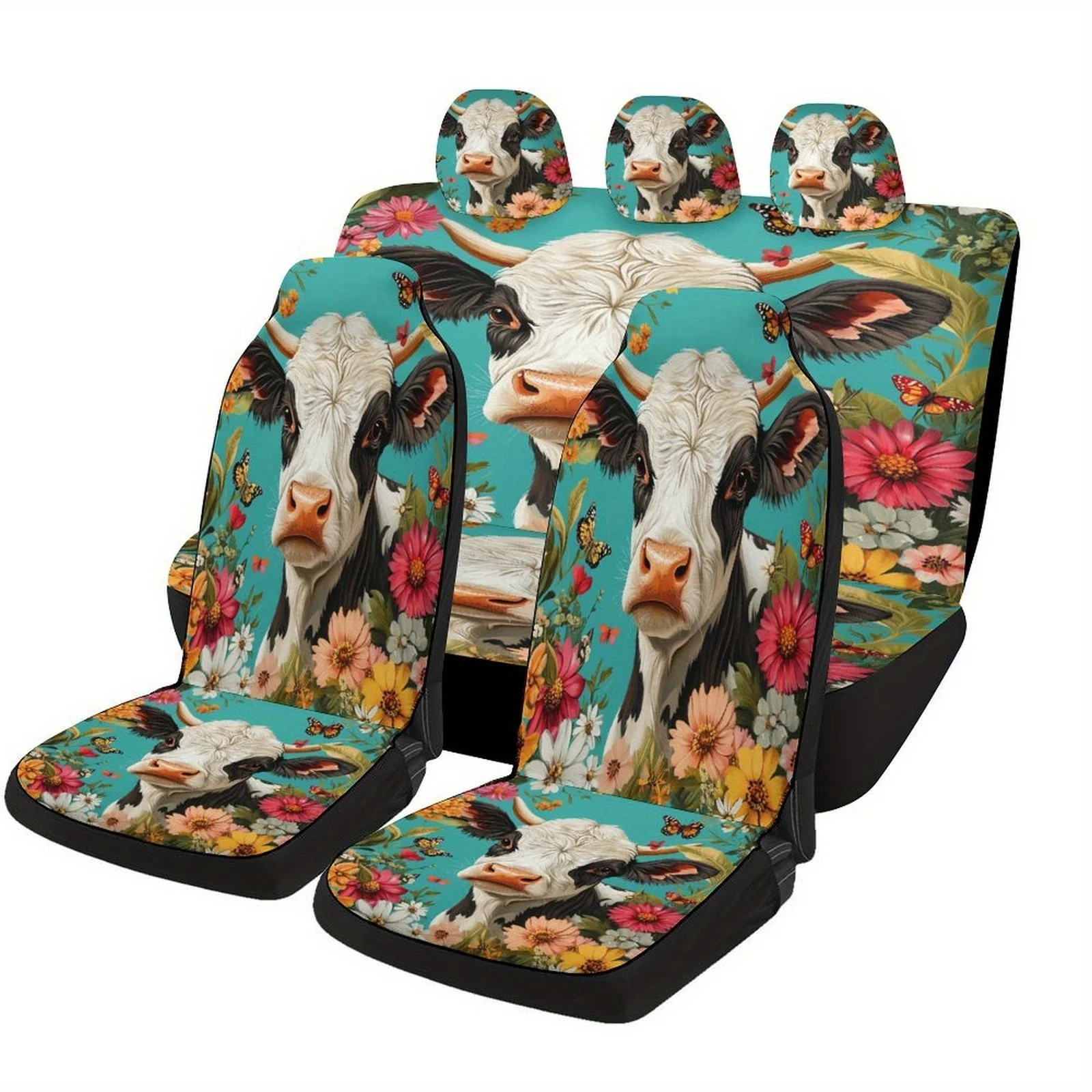 

Cow In Flowers Themed Car Seat Cover Set For Most Cars, Fashion Novelty Car Seat Protector Covers Full Set, Universal Car Seat C