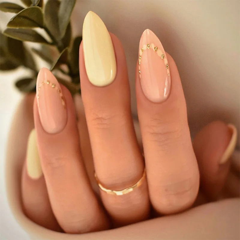 

24Pcs Nude Almond False Nails with Sophisticated French Design Wearable Fake Nails Simple Artificial Press on Nails Tips Art
