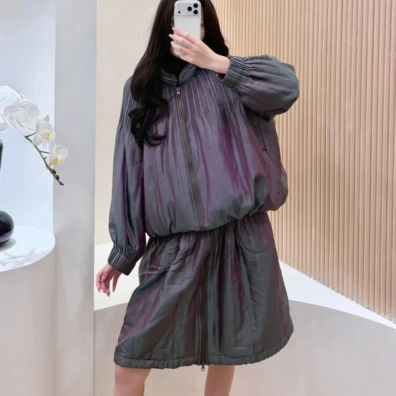 المرأة الخريف الشتاء قطعتين الرجعية الوقوف طوق جاكيت زيبرا + مرونة الخصر نصف تنورة التدرج الليزر النسيج مجموعة الموضة