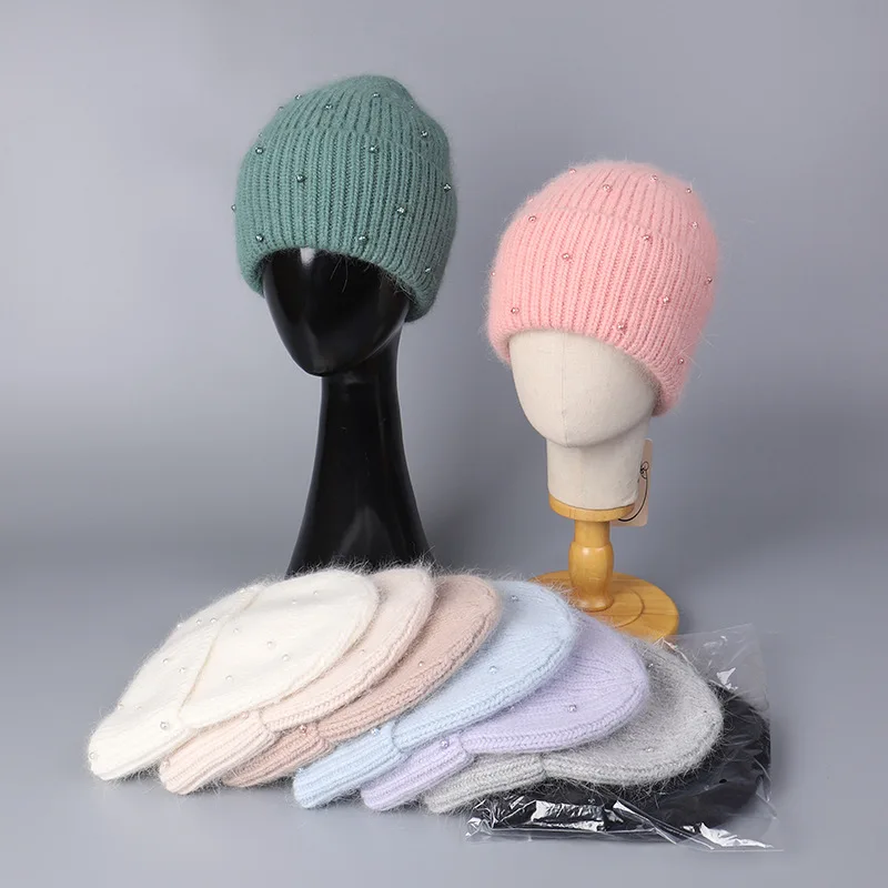 

High-grade Rabbit Fur Knitted Wool Hat for Women Warm Temperament Winter Gentle Imitation Pearl Wool Beanie Hat Wholesale