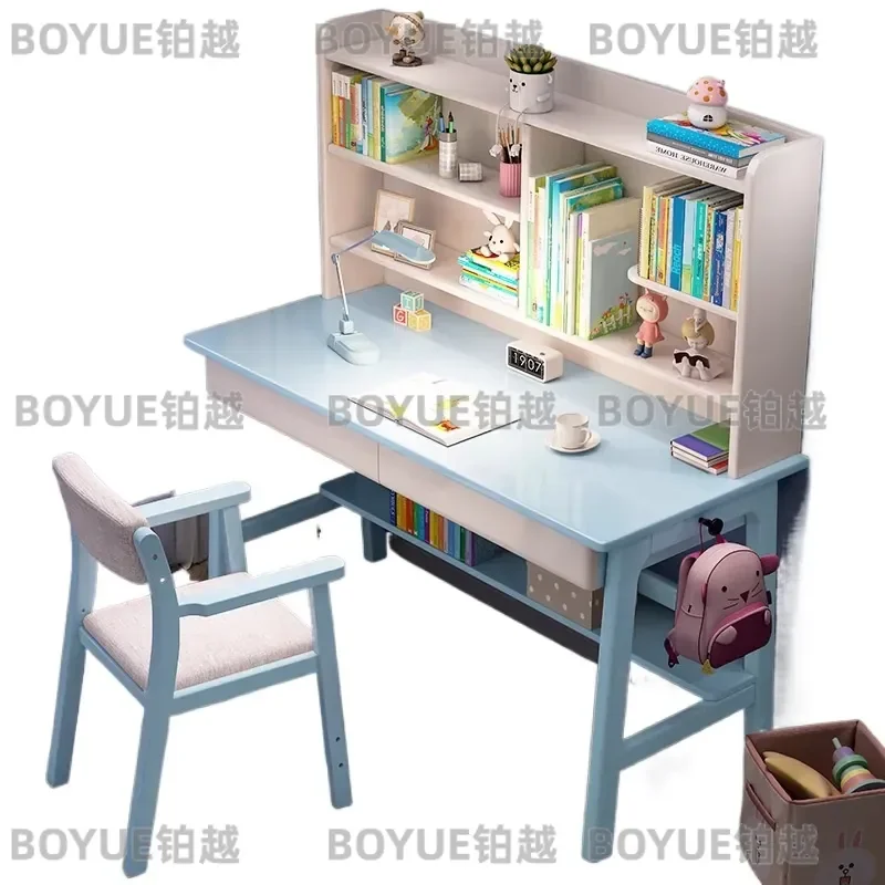 Solid Wood Kids Study Desk with Bookshelf Children Writing Table Chair Set for Boys Bedroom Home School Furniture Learning
