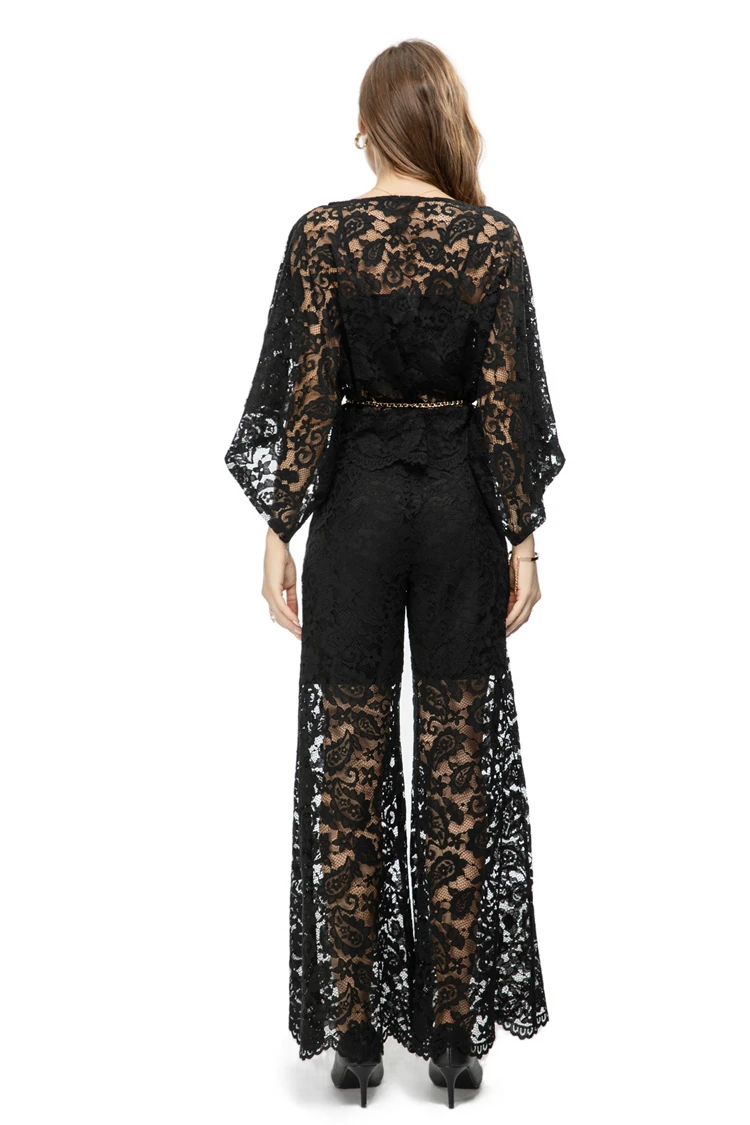 Women's Three Piece Pants Sets O Neck Bat Wing Sleeves Blouse with Wide Leg Pant Fashion Twinsets