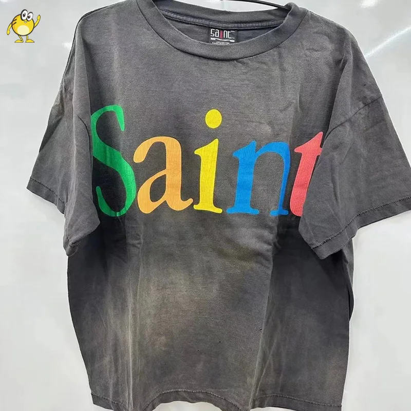 

2024 Retro Washed Grey Saint T Shirt Men Woman 1:1 Colorful Letter Printing High Street Casual Oversize Short Sleeve Top