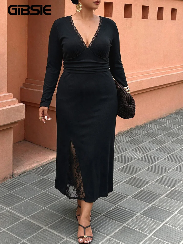 GIBSIE Plus Size Black Contrast Lace V-Neck Bodycon Dress Women Spring Autumn Long Sleeve Ruched Elegant Long Dresses 2026 New