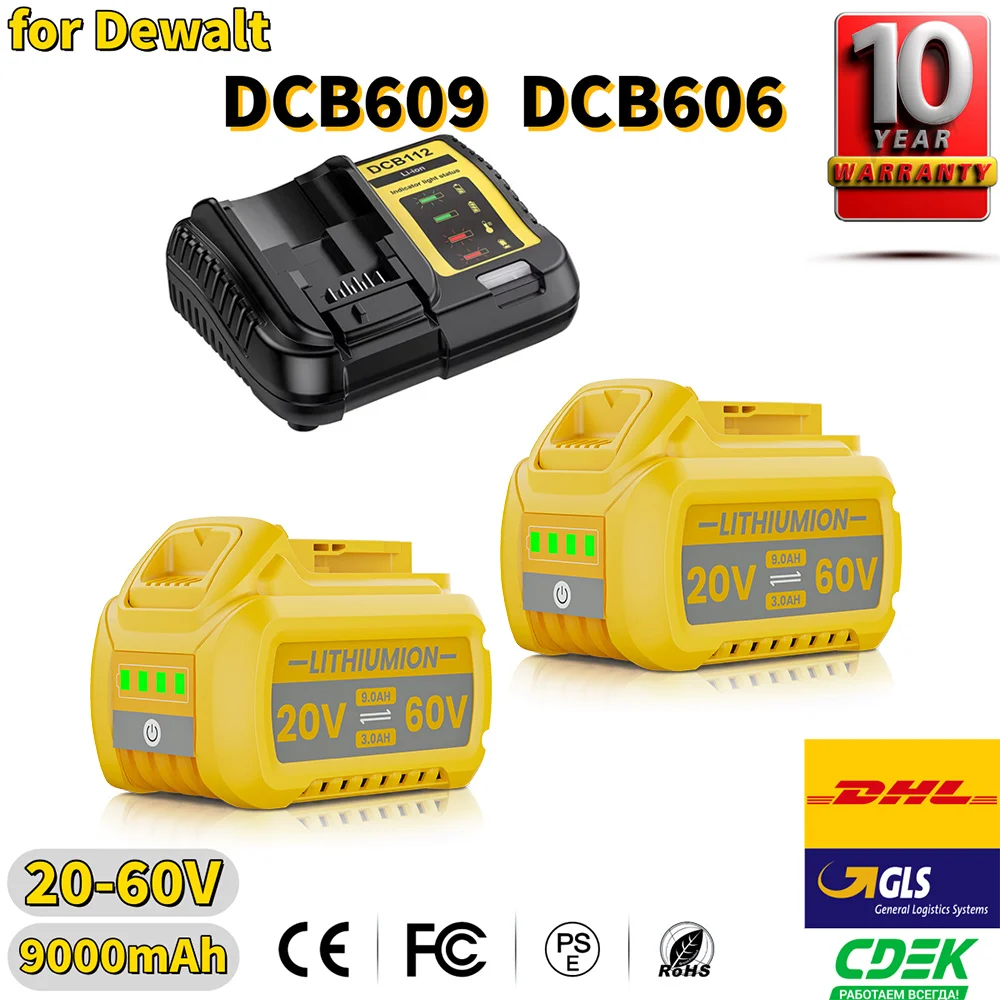 Batterie Li-ion de remplacement MAX 20V/60V 9000mAh pour DeWalt DCB609, compatible avec les batteries d'outils DeWalt DCB609, DCB547-XJ, DCB606, DCB201