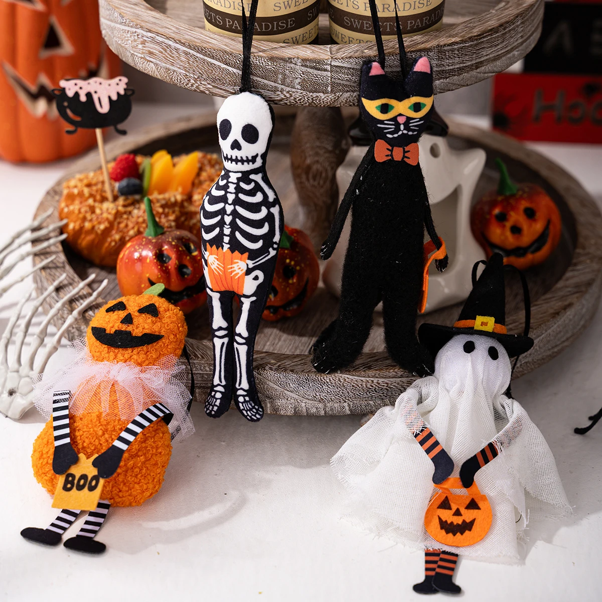 Halloween-Hängedekoration – gruselige schwarze Katze, Kürbis, Geister-Schädel-Ornament für die Heimparty – Detail 5