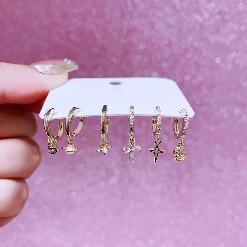 MIGGA 6pcs Cubic Zircon Saturn Moon Star Dangle Earrings Set Gold Plated Women Huggie Earrings Jewelry image 2
