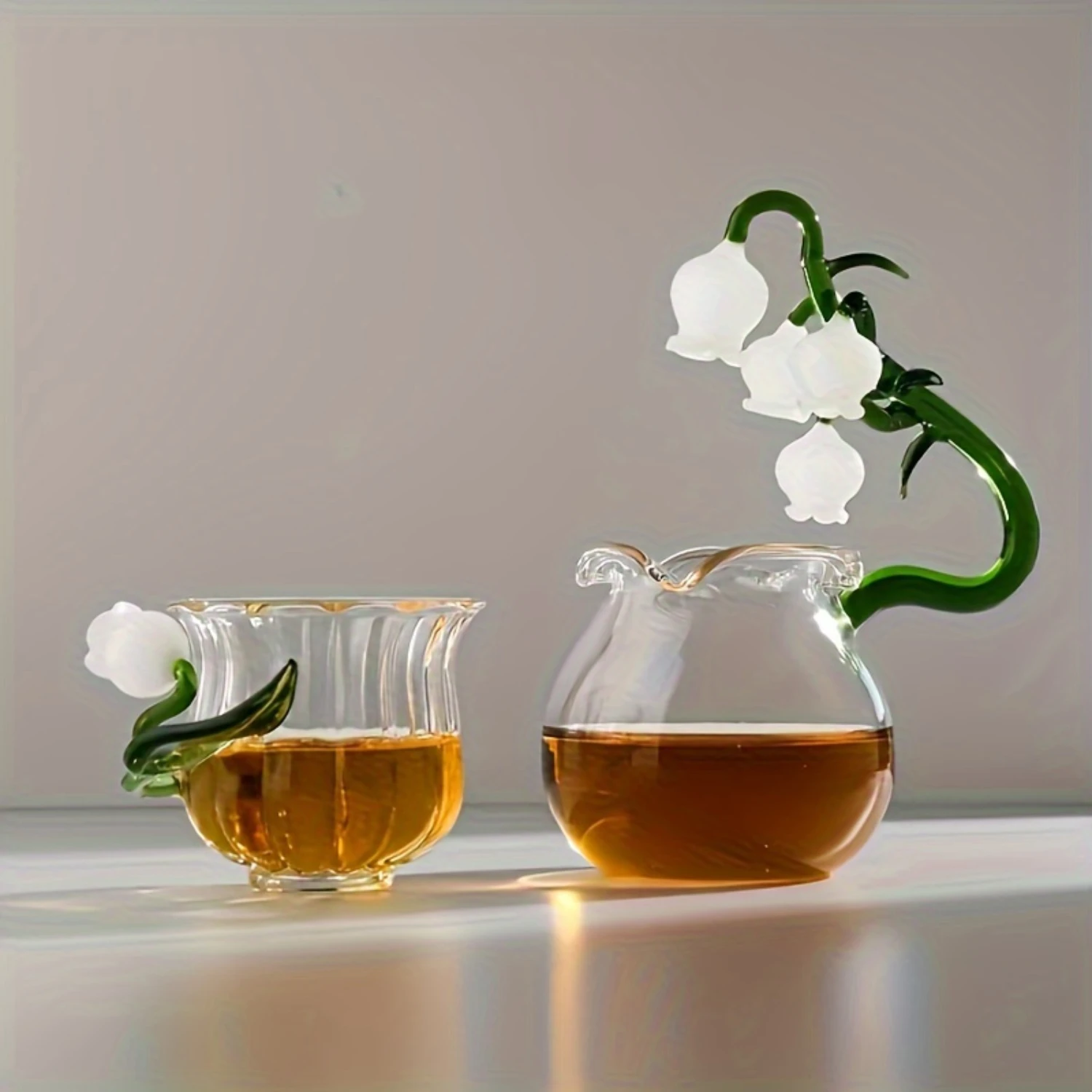 Lily Of The Valley Glass Tea Cup Set - Premium Kung Fu Tea Master'S Cup, Elegant Gift Idea, 10.5 Oz & 6.1 Oz Sizes Available