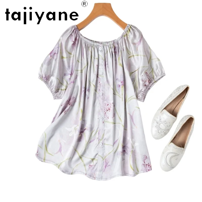 

TAJIYANE 93% шелковая блузка из тутового шелкопряда для женщин, элегантная светло-фиолетовая летняя блузка с круглым вырезом и пышными рукавами, коллекция 2026, женская одежда