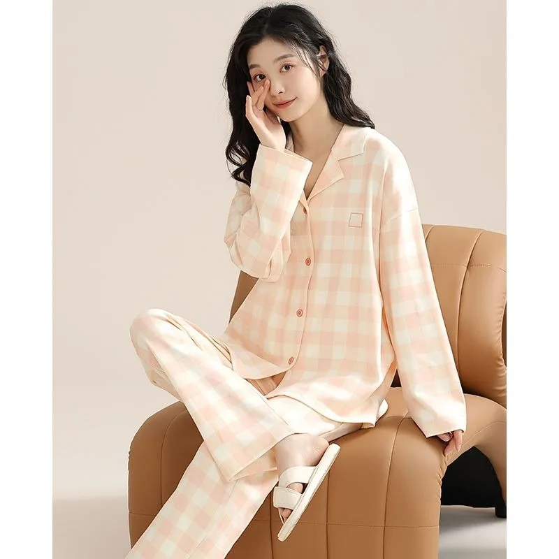 2024 New Pajamas Women's Spring Loungewear Pure Cotton Sleepwear Long Sleeves Autumn Homewear V-neck Loose Simple Nightwear