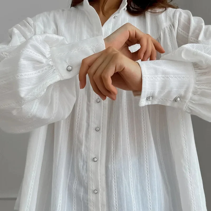 Chic Women Cotton Long Sleeve Shirt French Design Puff Sleeve Blouse Versatile Elegant Casual Top New Fashion Office Daily Wear