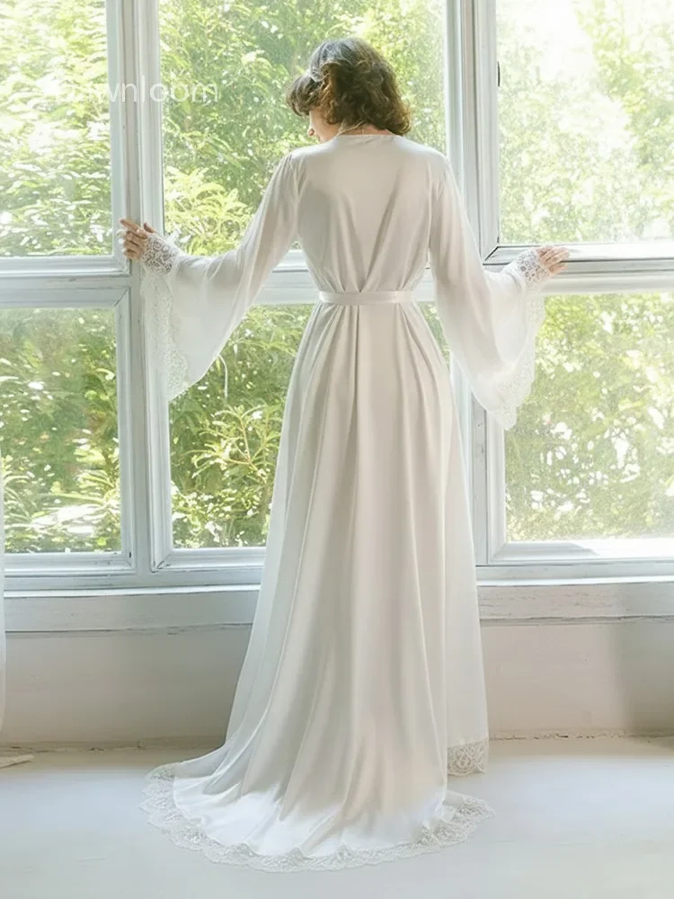 Dawnloom Women's Luxury Lace Trim Train Robe Long Exquisite Embroidery Morning Gown High-End Home Loungewear