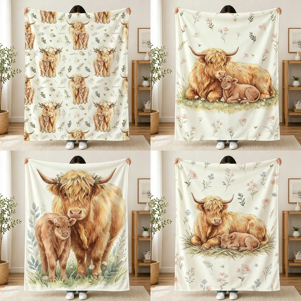 Watercolor Highland Cattle Flowers Blanket Printed Flannel Soft Warm Cozy All-Season Nap Bed Sofa Travel Camping Gift Adults Kid