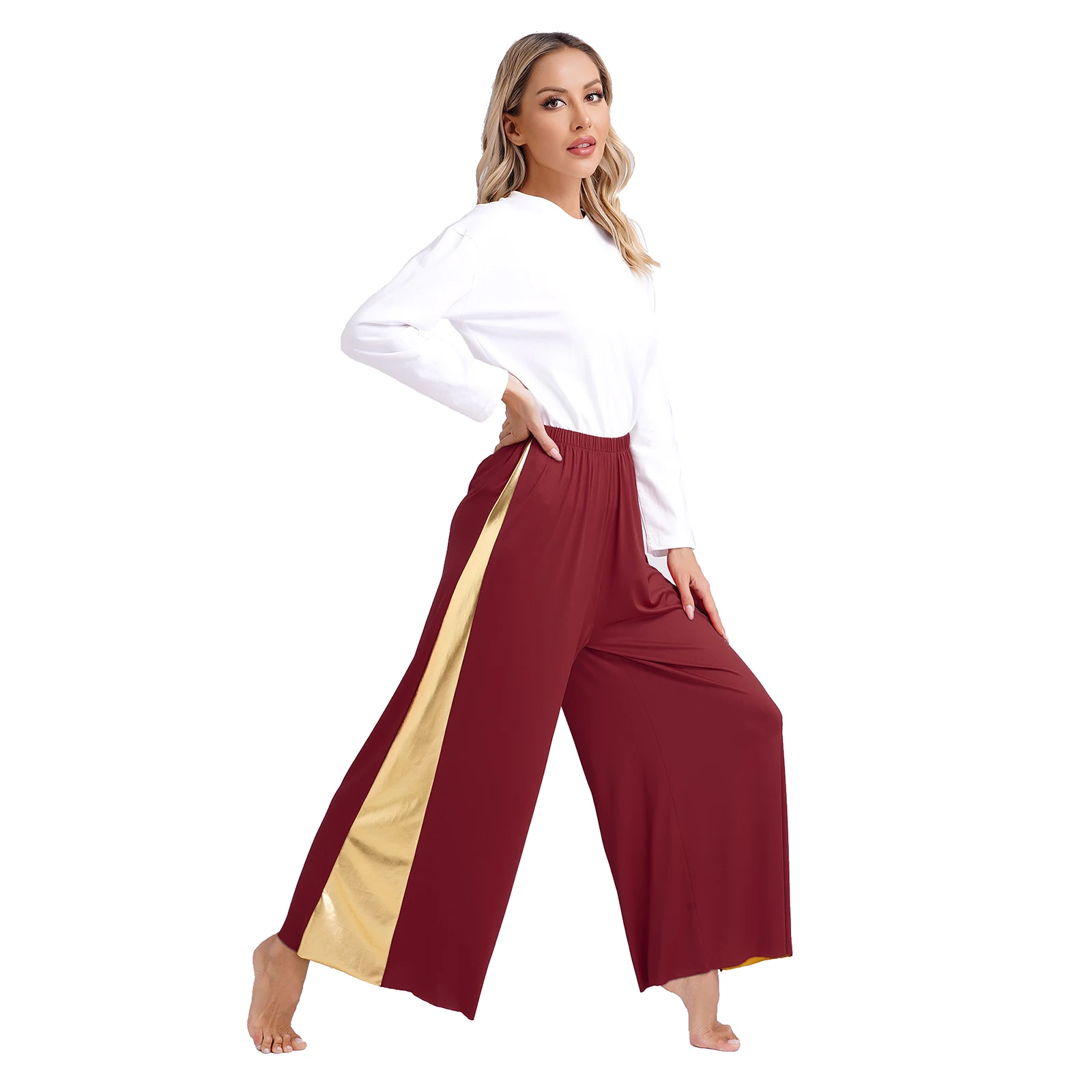 Womens Liturgical Praise Lyrical Ballroom Dance Ceremony Choir Costume Metallic Loose Pants High Waist Wide-Leg Trousers