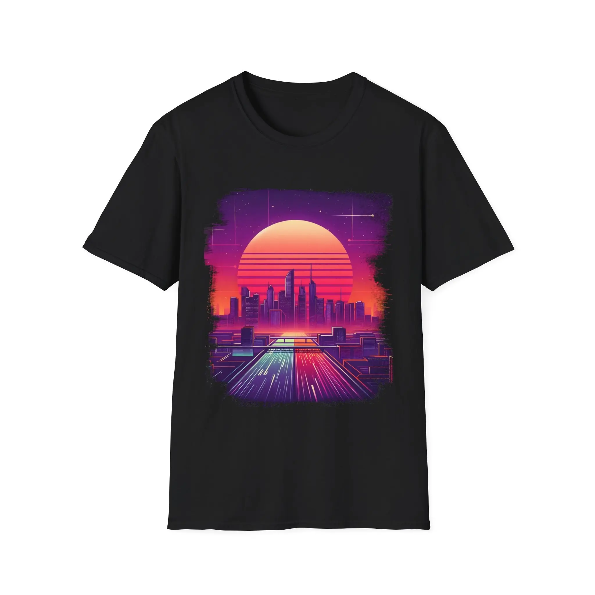 Retro Urban Dreams Starry Neon Nights Cyber City Sunset T Shirt Futuristic Style Cosmic Highway Vibes Perfect