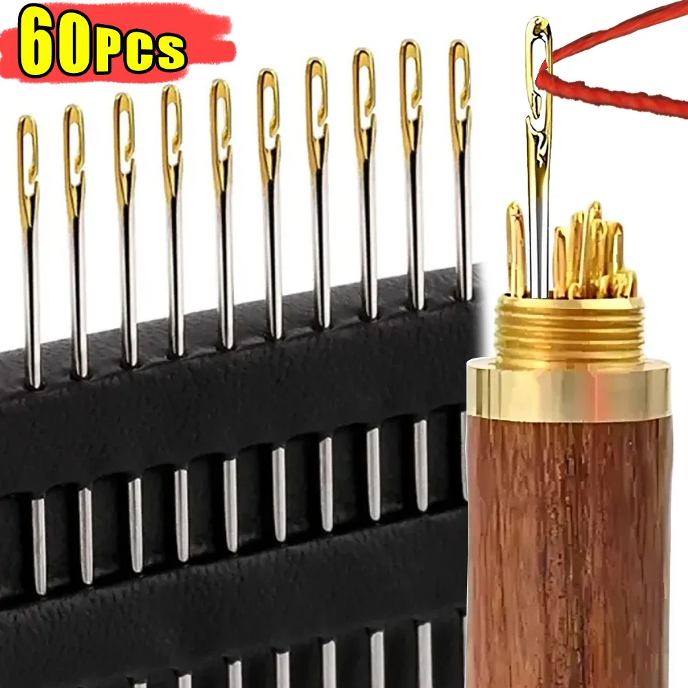 60/12Pcs Side Hole Blind Sewing Needles Stainless Steel Elderly Self Threading Needles Sewing Stitching Pin DIY Jewerly Beading