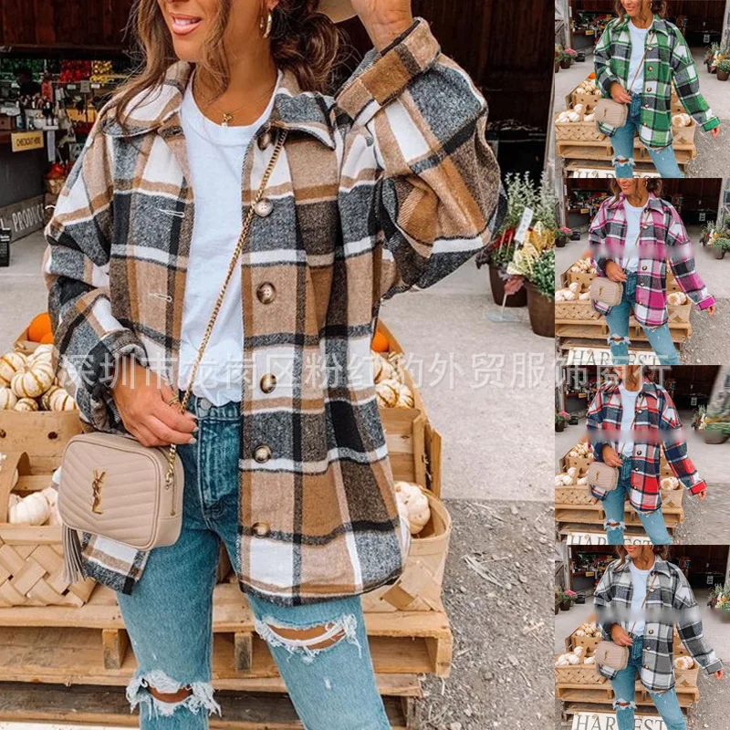 

Europe America 2025 Autumn and Winter New Fashion Large Plaid Shirt Women's Woolen Jacket