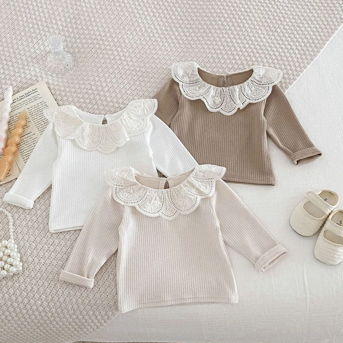 2024 Baby Herbst Kleidung Spitze Kragen Baby Tops lange Ärmel Kinder Pullover Säugling T-Shirt für Mädchen Kleidung Kleinkind Bl