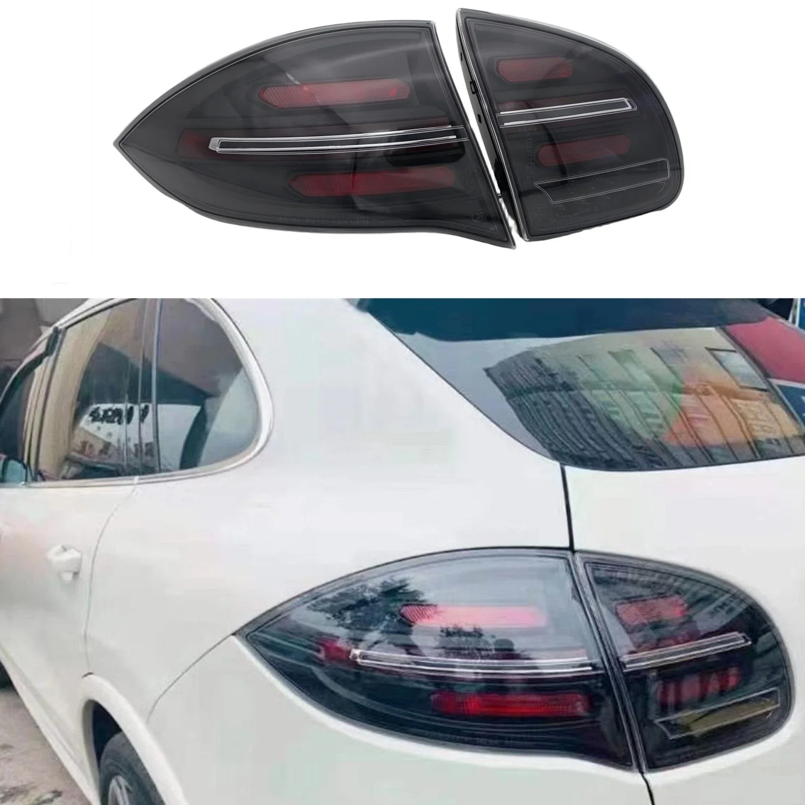 

Дымчато-черные светодиодные задние фонари в сборе для Porsche Cayenne 958 2011-2014 с функцией ДХО и стоп-сигналов
