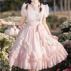 Pink Kawaii Lolita Dress Women Sweet Tulip Flower Embroidery Puff Short Sleeve Princess Dress Harajuku Chinese Style Hanfu Dress