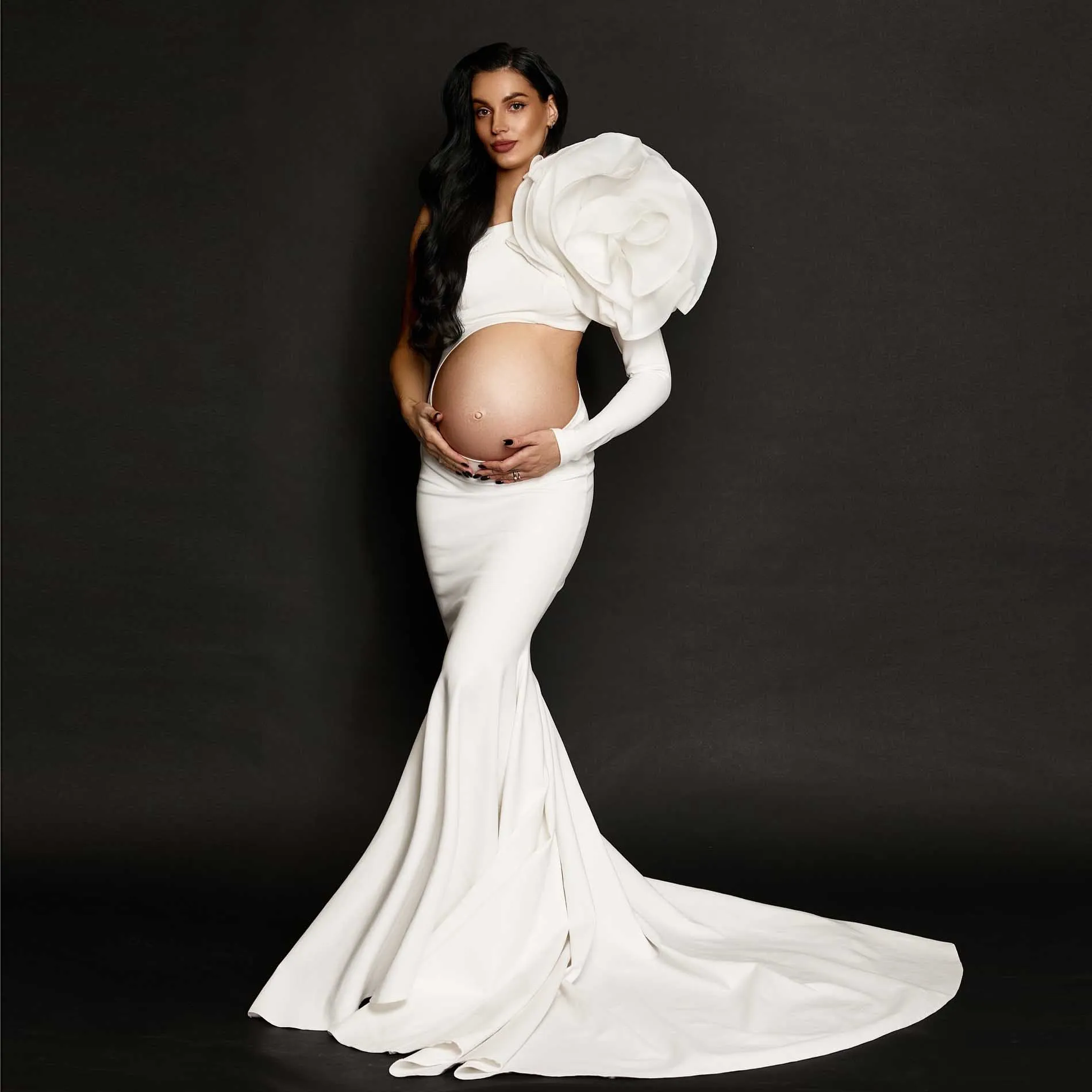 Vestido de maternidad elegante con un hombro y flores grandes, vestido elegante con recortes florales, vestidos para Baby Shower con rosas en 3D, hechos a medida