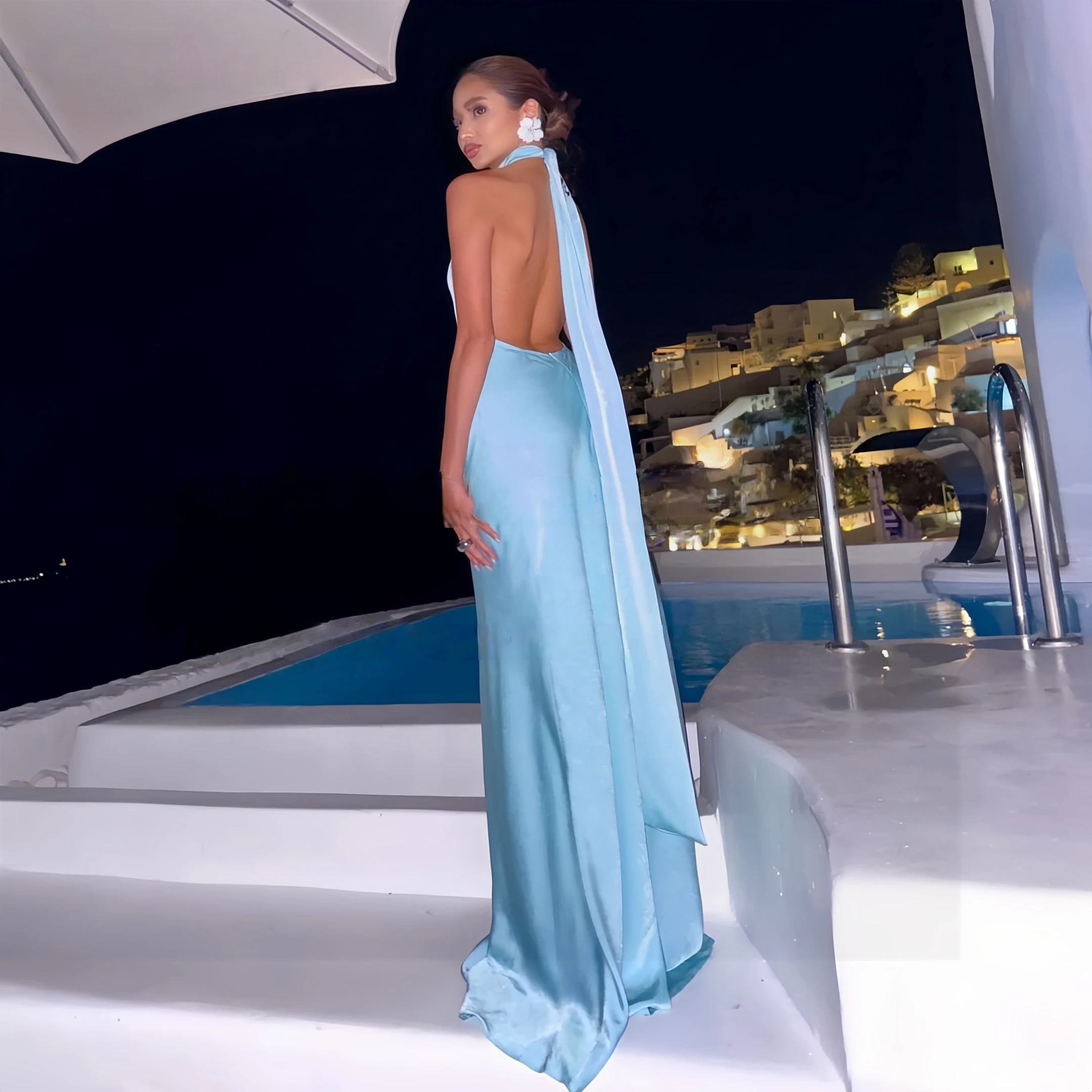 Beshinel Vestidos de fiesta de boda azul cielo personalizados Vestidos de fiesta para ocasiones especiales con espalda abierta sexy Vestidos de dama de honor 2025