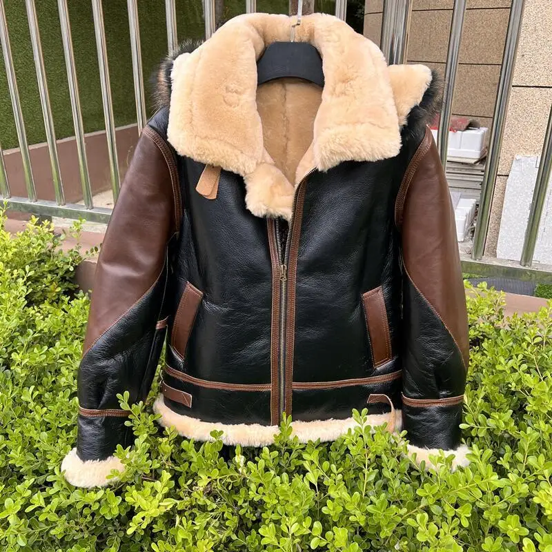 Abrigo de piel de cordero para hombre, traje de vuelo, chaquetas de cuero genuino, solapa delgada, moda de motocicleta, moda masculina, grueso, invierno, One B3