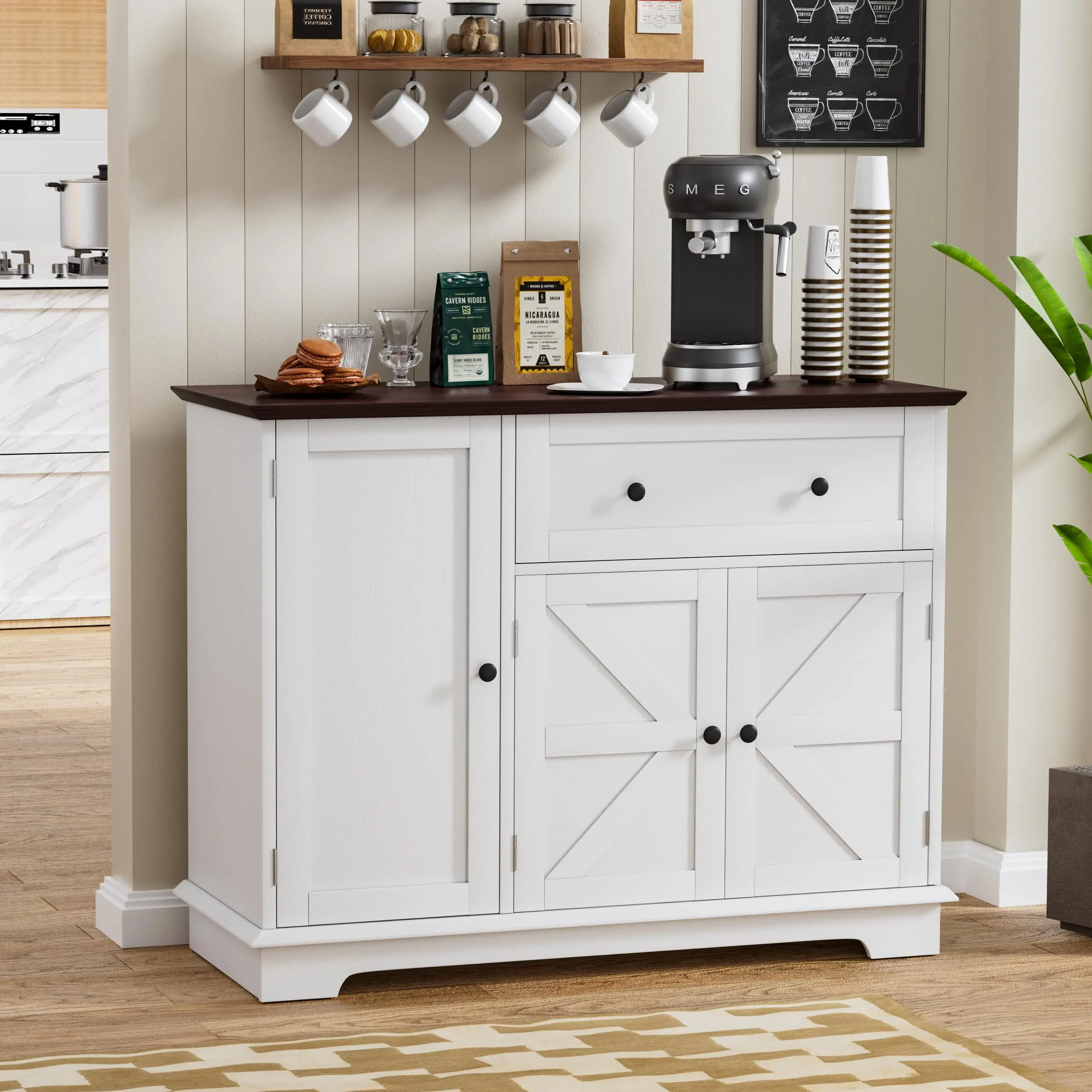 Buffet Cabinet with Storage, Kitchen Sideboard Cabinet with Doors, Drawer and Adjustable Shelf, Wood Coffee Bar Cabinet