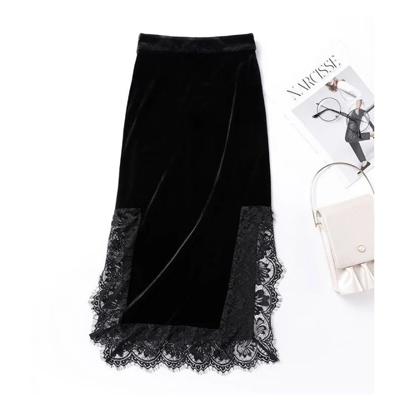 Herfst Winter Kant Goud Fluweel Hoge Taille Zijsplit Middellange Heupknuffelrok