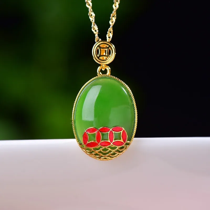 S925 Silver Inlaid With Hetian Jade And Jasper Cabochon Enamel Fortune Pendant, Ethnic Style, Exquisite And Fashionable