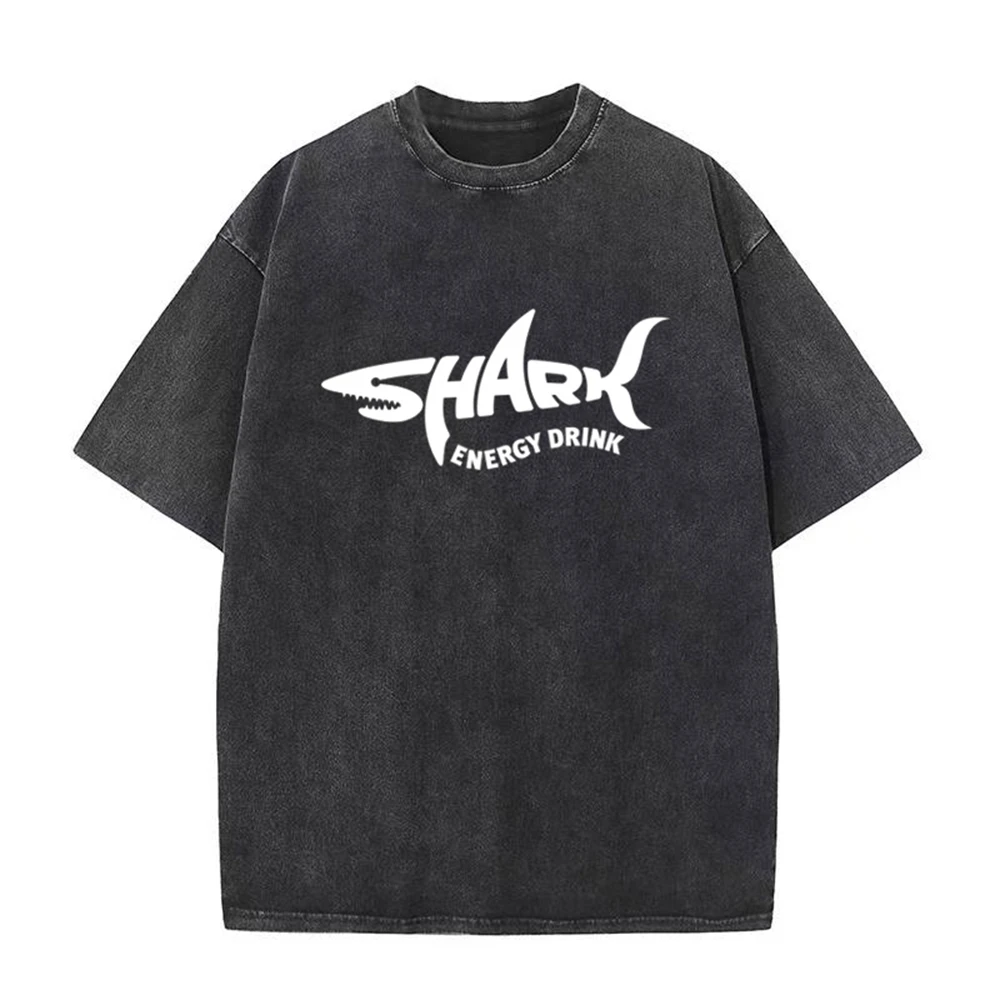 2025 new men's and women's shark print washed T-shirt, cotton loose round neck oversized T-shirt, retro trendy top