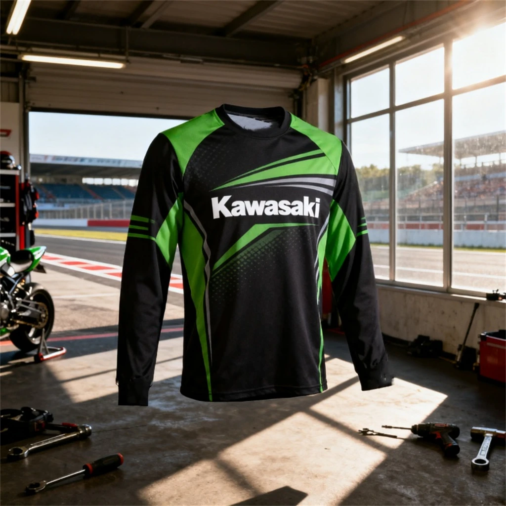 

Kawasaki Mountain Bike 3D Printed Long Sleeved T-shirt for Men's Off-road Motorcycle Riding, Breathable and Quick Drying