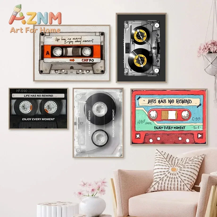 AZNM Vintage Cassette Tape Canvas Poster Unframed Wall Art Print Life Has No Rewind Retro Music Room Home Decor