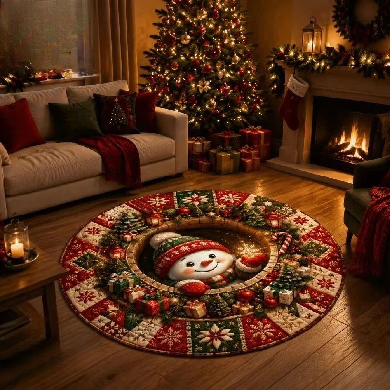 Round Christmas Area Rug Snowman Xmas Tree Gift Box Snowflake Print Floor Mat Holiday Living Room Home Decor Carpet