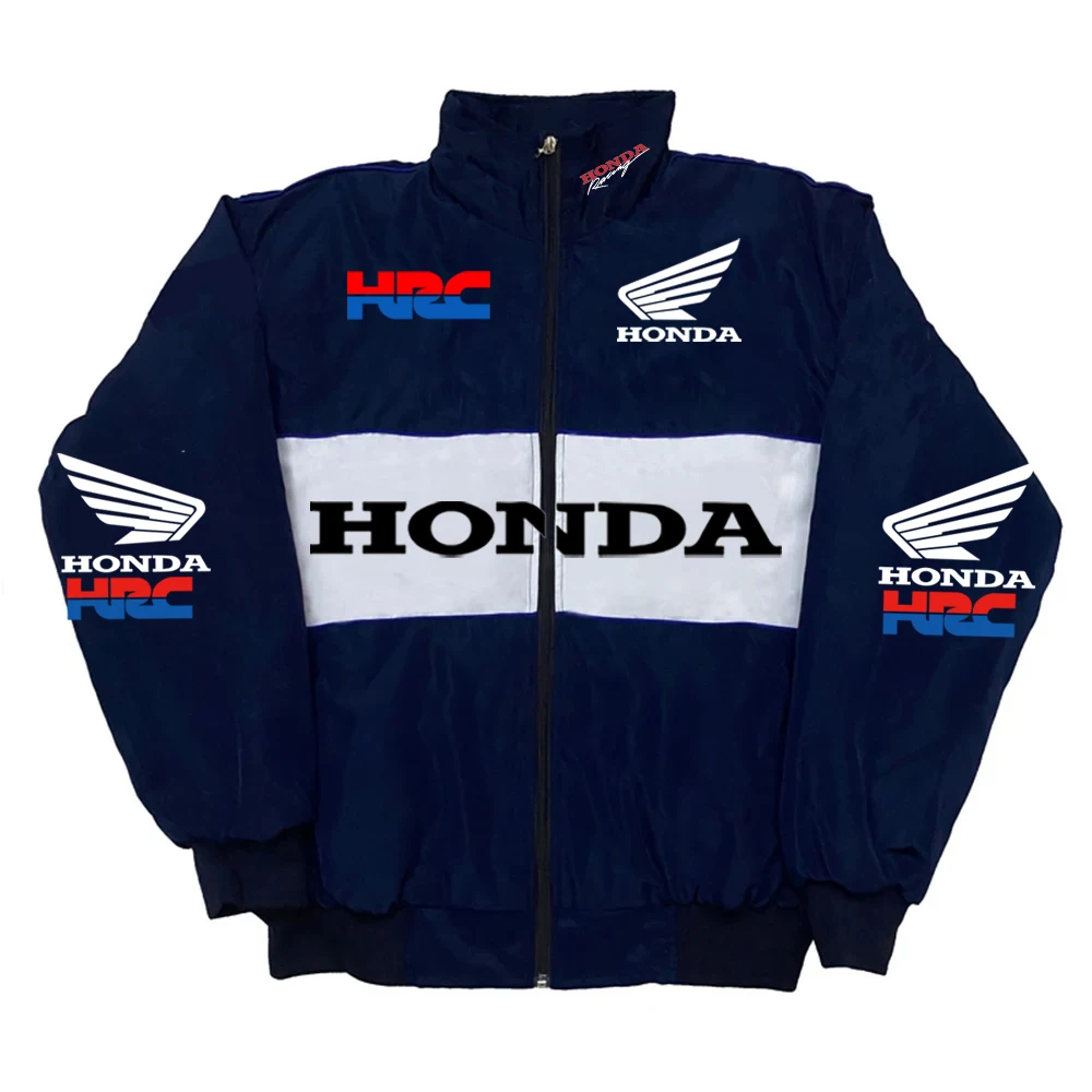 Veste de course d'hiver Honda pour hommes : col montant, style vintage avec impression arrière personnalisée, logo et fonction coupe-vent