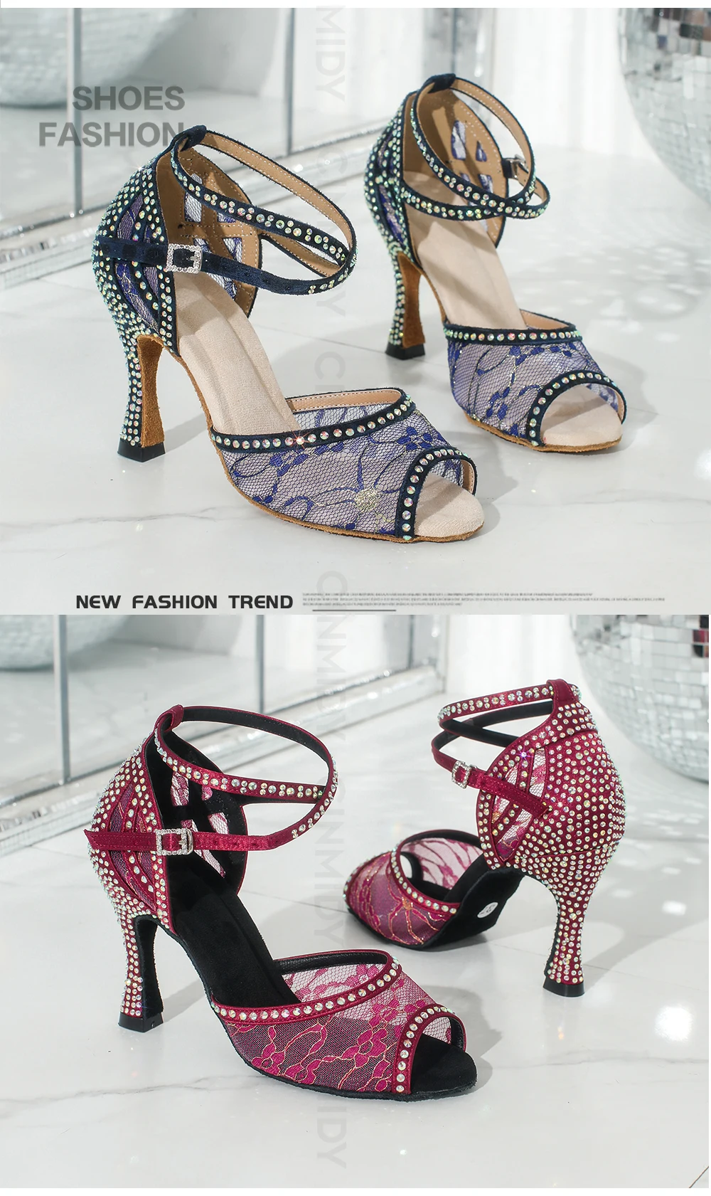 CINMIDY Modische Spitzen-Mesh-Tanzschuhe für Damen, Weiche Salsa-Tango-Latin-Tanzschuhe, Kubanische Absätze, Ballsaal-Party-Schuhe mit Weicher Sohle – Detail 2