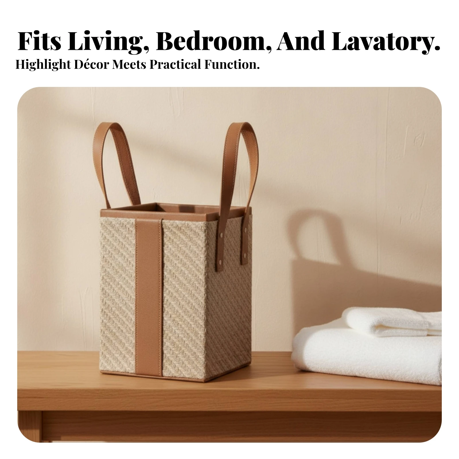 Woven Storage Basket Brown Trim Woven Basket with Handles Metal Rivets Open Top