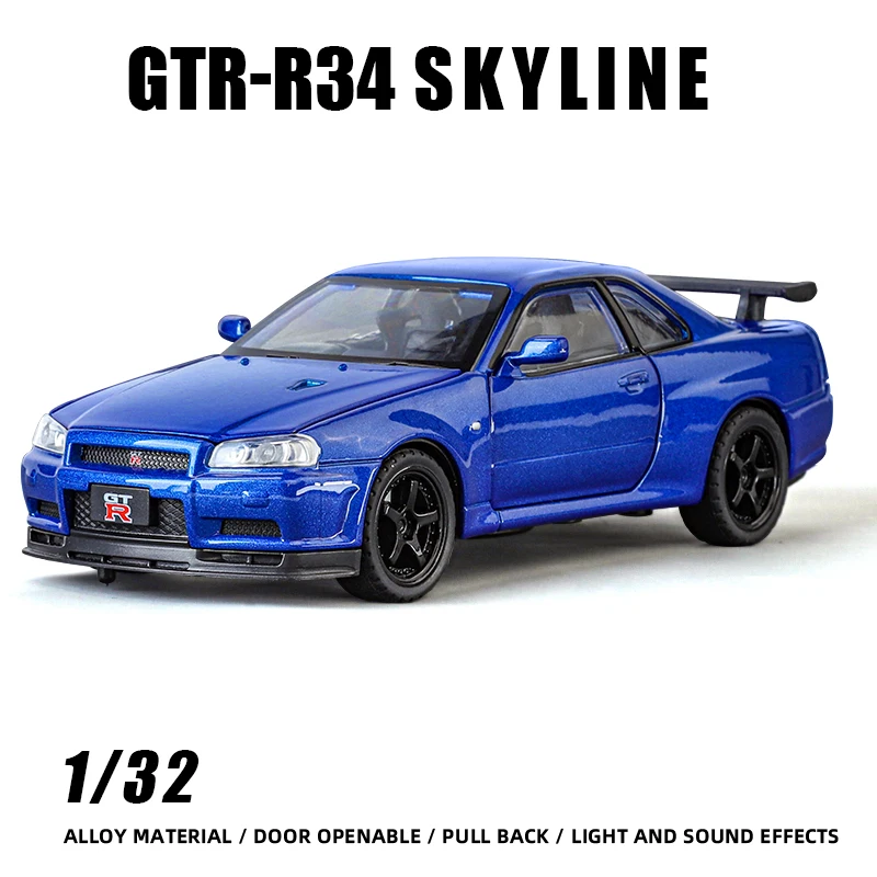 

1:32 GTR Modified SKYLINE Supercar Alloy Car Diecast Metal Vehicle Model Sound Light Kids Toys Boy Gifts Collection Fast Furious